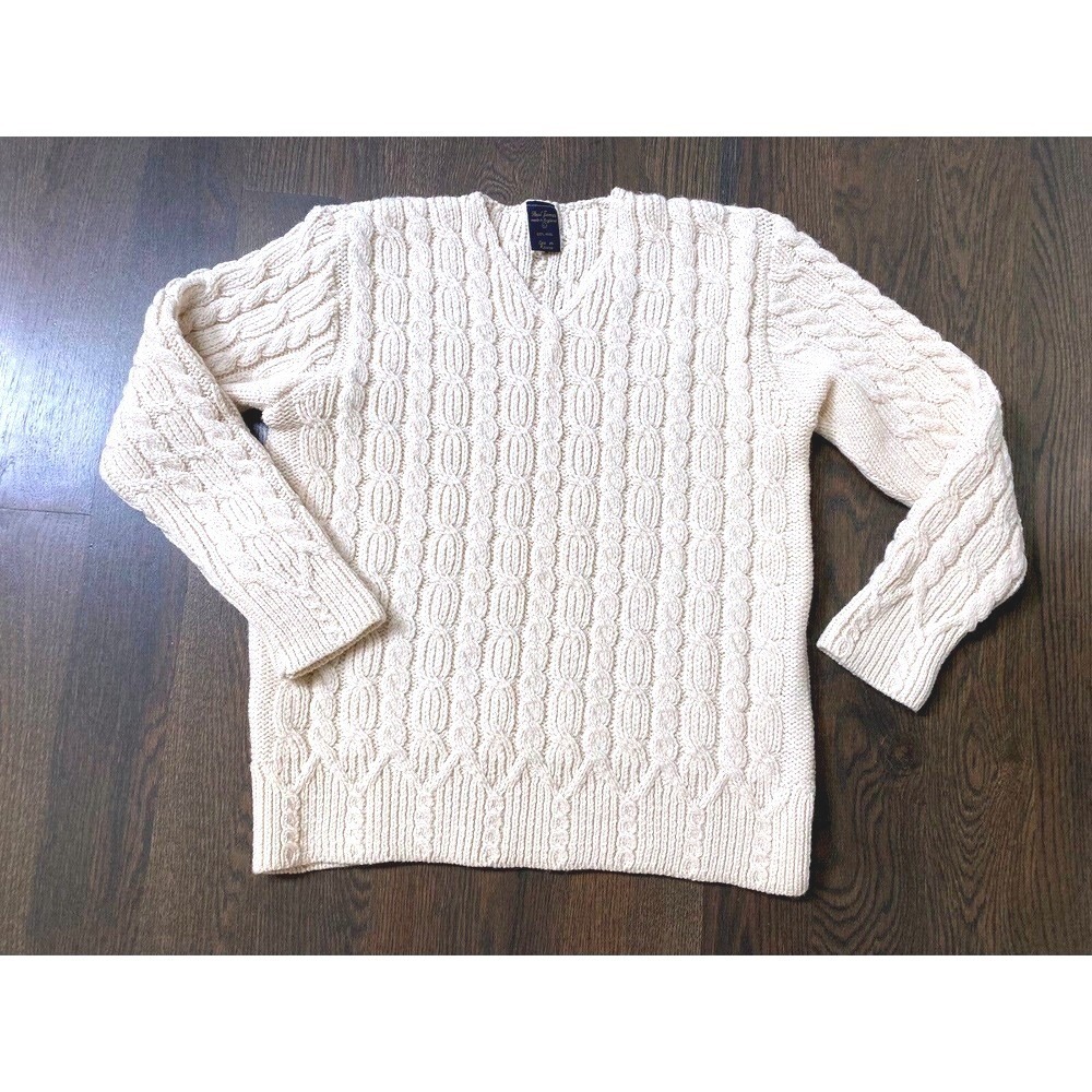 Paul James Made in England 100% Wool Cable Knit V-Neck Sweater L Fisherman Aran